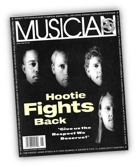Alt text: "Musician magazine cover featuring Hootie and the Blowfish with the headline 'Hootie Fights Back.'"
