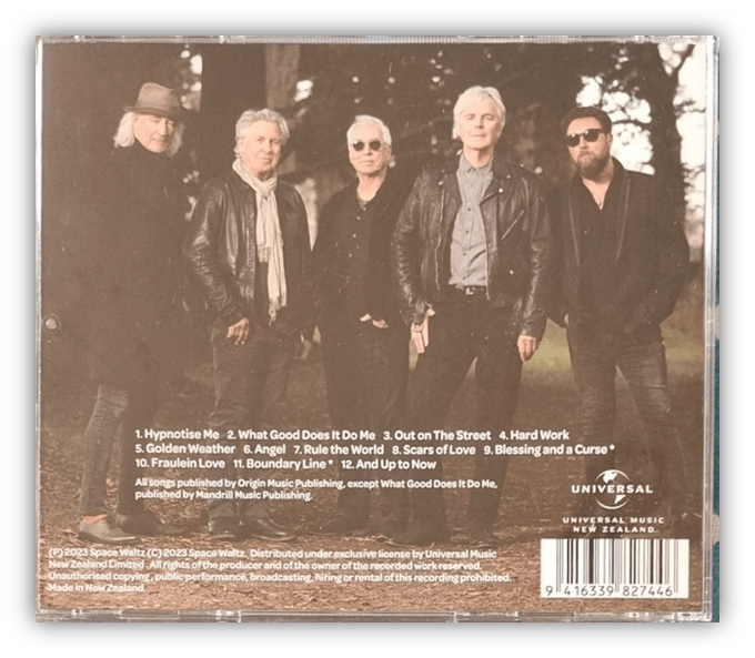 "Back cover of a music album featuring five musicians and a tracklist."