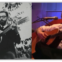 "Split image of a musician playing guitar in black and white and in color, showcasing his evolution over time."