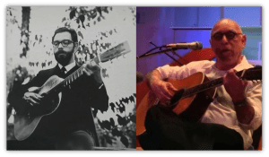 "Split image of a musician playing guitar in black and white and in color, showcasing his evolution over time."
