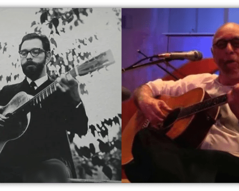 "Split image of a musician playing guitar in black and white and in color, showcasing his evolution over time."