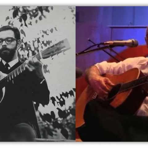 "Split image of a musician playing guitar in black and white and in color, showcasing his evolution over time."