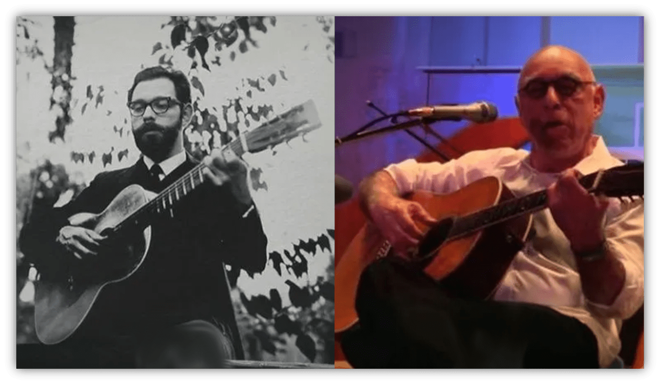 "Split image of a musician playing guitar in black and white and in color, showcasing his evolution over time."