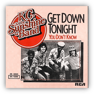 "K.C. and the Sunshine Band 'Get Down Tonight' single cover featuring four band members."