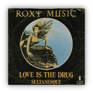 "Roxy Music 'Love Is the Drug' single cover featuring a woman by the sea."
