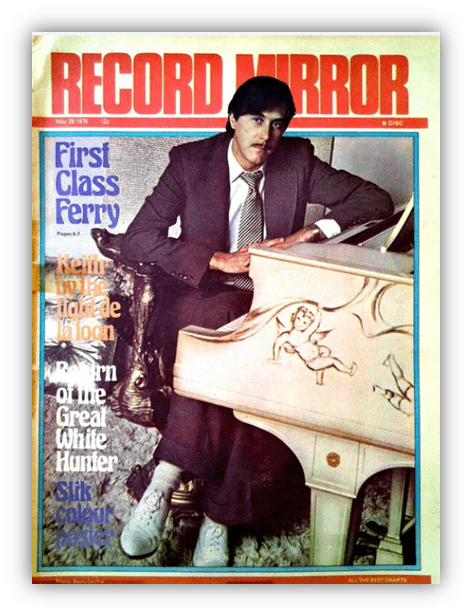 "Vintage Record Mirror magazine cover featuring a man in a suit sitting at a piano, May 1979."