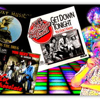 "Colorful collage of classic disco album covers featuring Roxy Music, KC and the Sunshine Band, and Hot Chocolate with a thoughtful man in the foreground."