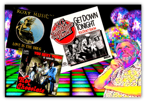 "Colorful collage of classic disco album covers featuring Roxy Music, KC and the Sunshine Band, and Hot Chocolate with a thoughtful man in the foreground."
