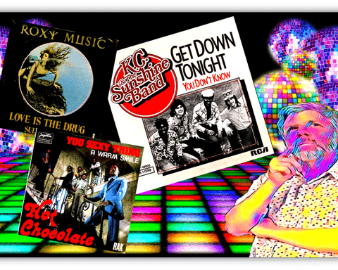 "Colorful collage of classic disco album covers featuring Roxy Music, KC and the Sunshine Band, and Hot Chocolate with a thoughtful man in the foreground."