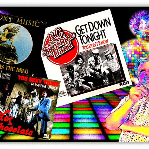 "Colorful collage of classic disco album covers featuring Roxy Music, KC and the Sunshine Band, and Hot Chocolate with a thoughtful man in the foreground."