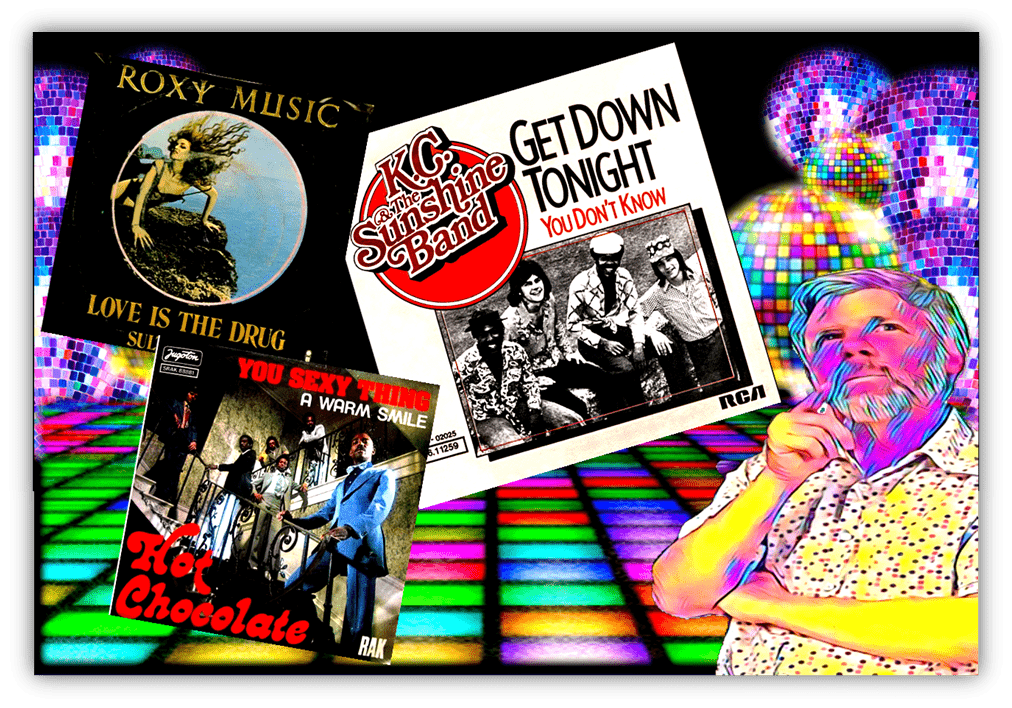 "Colorful collage of classic disco album covers featuring Roxy Music, KC and the Sunshine Band, and Hot Chocolate with a thoughtful man in the foreground."
