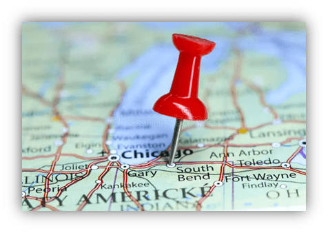 "Red pushpin marking Chicago on a detailed map."