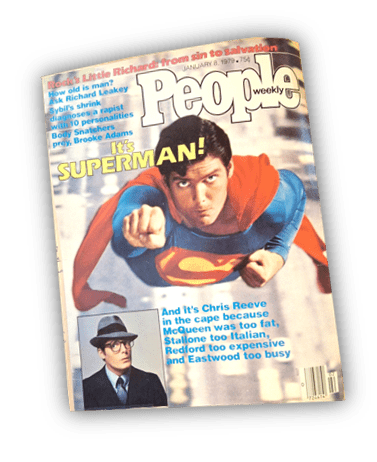 "People magazine cover featuring Christopher Reeve as Superman, January 1979."