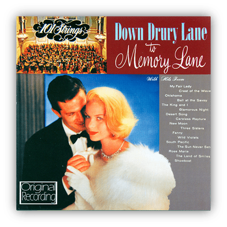 "Album cover for 'Down Drury Lane to Memory Lane' featuring a couple in formal attire with an orchestra in the background."