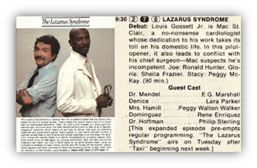 "TV guide listing for 'The Lazarus Syndrome' featuring Louis Gossett Jr. as Mac St. Clair and guest cast details."