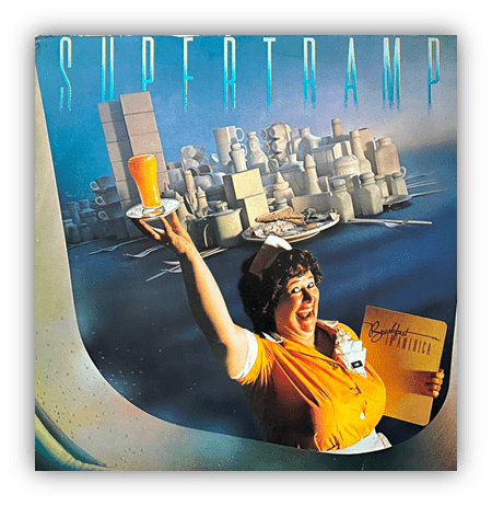 "Supertramp album cover featuring a smiling waitress balancing dishes and a drink."