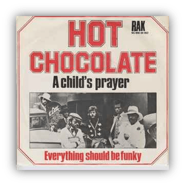 "Hot Chocolate single cover for 'A Child's Prayer' featuring the band in stylish outfits."