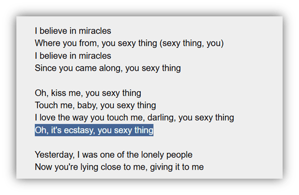 Lyrics excerpt from "You Sexy Thing" highlighting themes of love and desire.