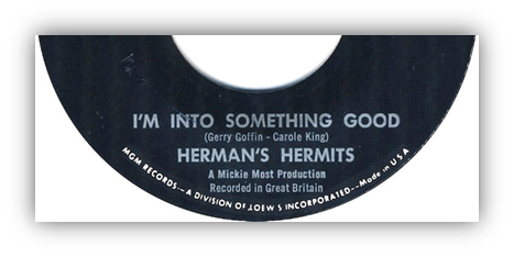 Alt text: "Vinyl record label for 'I'm Into Something Good' by Herman's Hermits."
