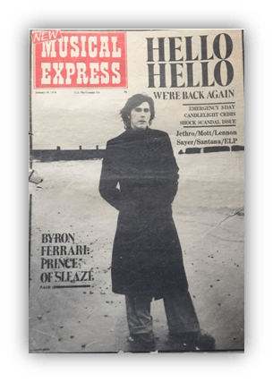 "New Musical Express cover featuring Byron Ferrari, January 1976."
