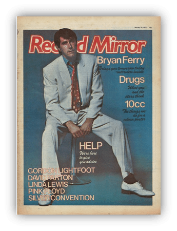 "Record Mirror magazine cover featuring Bryan Ferry, January 1977, with articles on drugs and music."