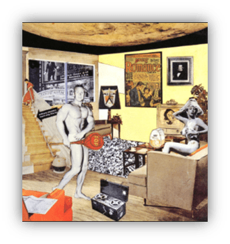 Surrealist artwork depicting a muscular man lifting weights in a vibrant living room with vintage posters and a seated woman.
