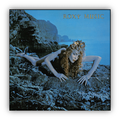 "Roxy Music album cover featuring a woman with curly hair on rocky shoreline."