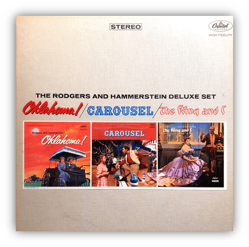 Alt text: "Rodgers and Hammerstein Deluxe Set album cover featuring 'Oklahoma!', 'Carousel', and 'The King and I'."